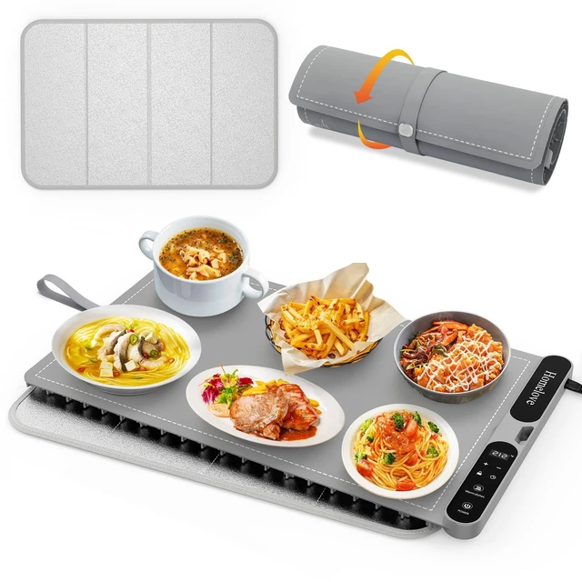 Main image of Electric Warming Mat for Food - 7 Temps, 8H Timer, 25"x15" Grey | Roll up Silicone, Child Lock, Heat-Insulation Pad, Auto-Memory, Full Surface Heating Food Warmer Tray for Buffet & Parties