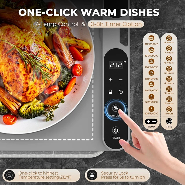 Alt view image 2 of 7 - Electric Warming Mat for Food - 7 Temps, 8H Timer, 25"x15" Grey | Roll up Silicone, Child Lock, Heat-Insulation Pad, Auto-Memory, Full Surface Heating Food Warmer Tray for Buffet & Parties