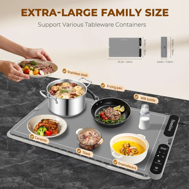 Alt view image 4 of 7 - Electric Warming Mat for Food - 7 Temps, 8H Timer, 25"x15" Grey | Roll up Silicone, Child Lock, Heat-Insulation Pad, Auto-Memory, Full Surface Heating Food Warmer Tray for Buffet & Parties