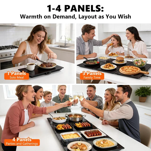 Alt view image 2 of 7 - Electric Warming Tray,4-in-1 Modular Food Warmers for Parties Buffet | 33"x15" Glass Food Warming Mat, 10 Temp Settings and 8H Timer, Portable Warmer for Catering & Gatherings