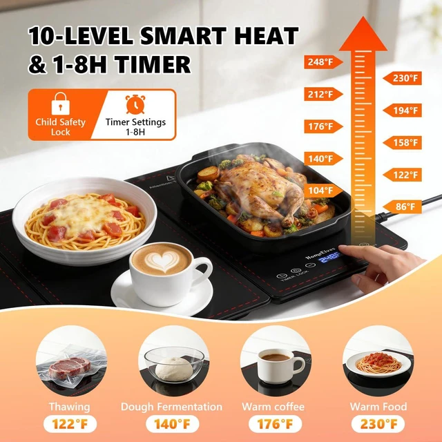 Alt view image 3 of 7 - Electric Warming Tray,4-in-1 Modular Food Warmers for Parties Buffet | 33"x15" Glass Food Warming Mat, 10 Temp Settings and 8H Timer, Portable Warmer for Catering & Gatherings