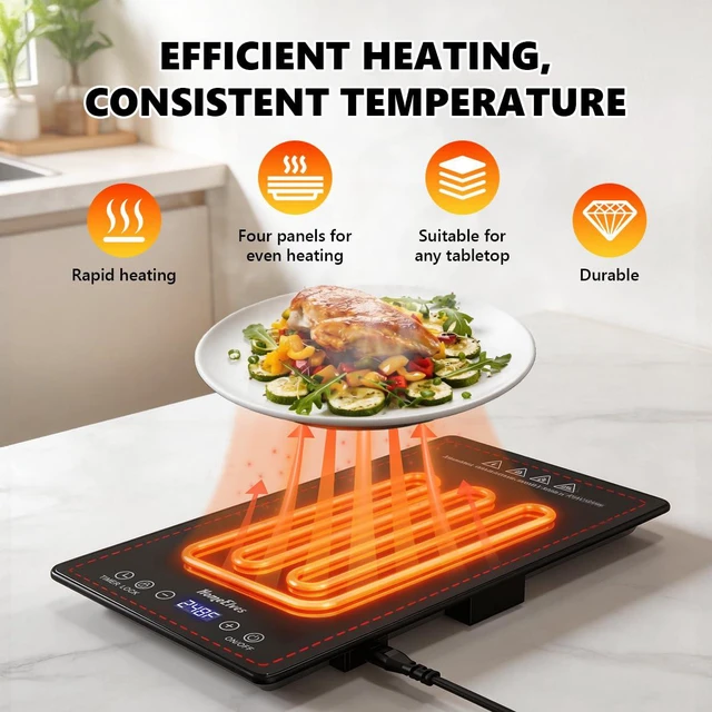 Alt view image 4 of 7 - Electric Warming Tray,4-in-1 Modular Food Warmers for Parties Buffet | 33"x15" Glass Food Warming Mat, 10 Temp Settings and 8H Timer, Portable Warmer for Catering & Gatherings