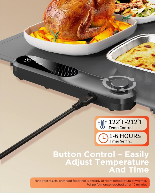Alt view image 4 of 7 - Food Warming Mat, 35"x16" Food Warmers for Parties Buffet | Fast Full-Surface Warming Mat for Food with 19 Level Adjustable Temperature and 6 Hours Timer, Roll Up Food Warmer