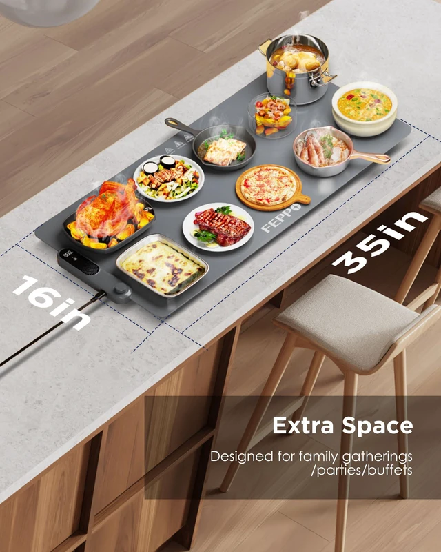 Alt view image 6 of 7 - Food Warming Mat, 35"x16" Food Warmers for Parties Buffet | Fast Full-Surface Warming Mat for Food with 19 Level Adjustable Temperature and 6 Hours Timer, Roll Up Food Warmer
