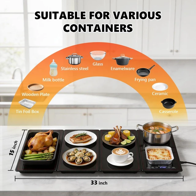 Alt view image 5 of 7 - Electric Warming Tray,4-in-1 Modular Food Warmers for Parties Buffet | 33"x15" Glass Food Warming Mat, 10 Temp Settings and 8H Timer, Portable Warmer for Catering & Gatherings