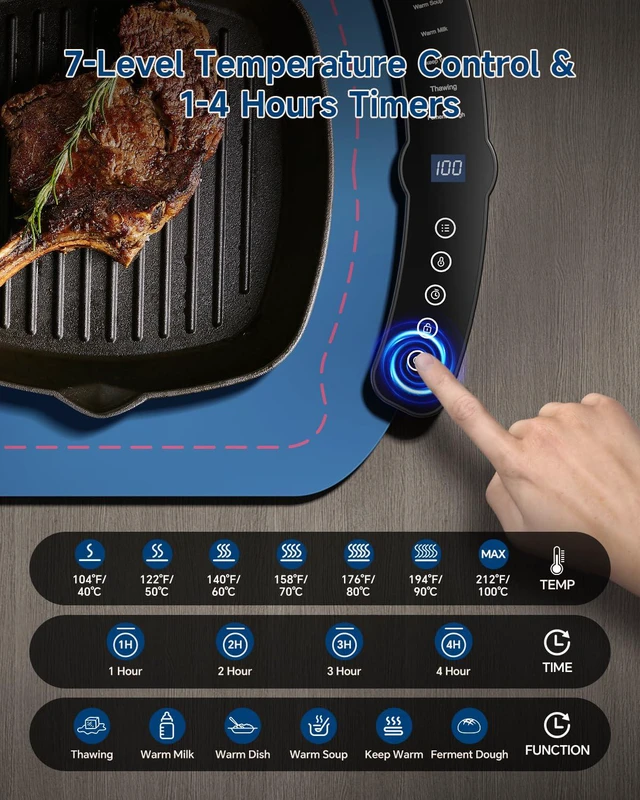 Alt view image 2 of 7 - Food Warming Mat,7 Temp,4H Timer,Roll Heat Pad,Thermochromic Line | 8s Rapid Even Heating,Built-in Child Lock&Auto Shutoff,Multi-use for Warming,Defrosting&Dough Fermentation for Daily Dining
