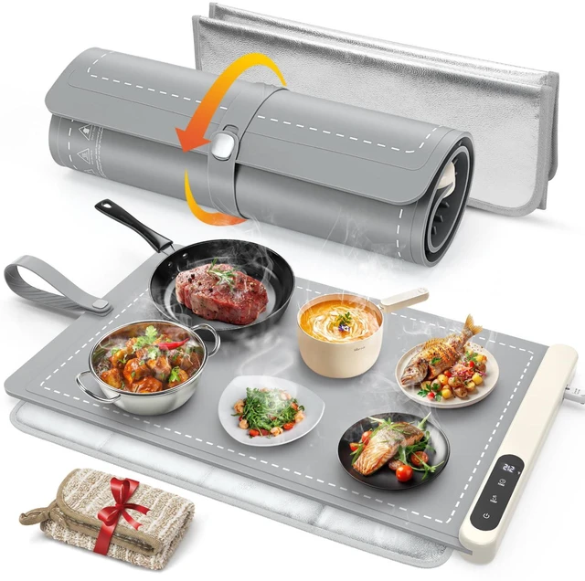 Main image of Warming Mat for Food with Heat Resistant Pad, Prevent Countertop Cracks, Keep Meal Warm, Rapid and Full Surface Heating, 6 Temp Settings, 6H Timer, Upgraded Rollable Portable Food Warmer Mat Grey