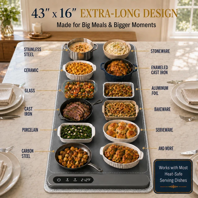 Alt view image 3 of 7 - Food Warming Mat Extra Large 43"x16" with Insulation Pad for Countertop, Chafing Dishes for Buffet, Food Warmers for Parties, Hot Pads for Kitchen, Portable Heating Pad, 560W Custom Warm Setting, Grey