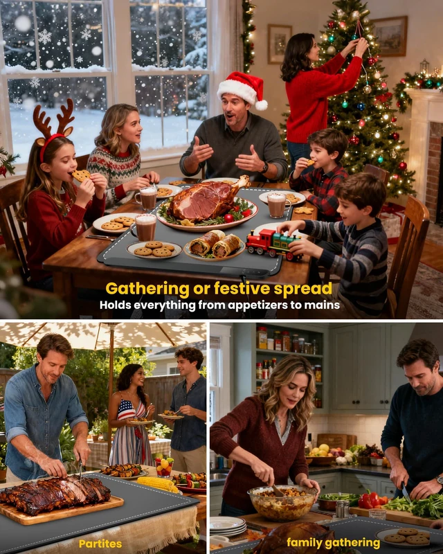 Alt view image 7 of 7 - Food Warming Mat Extra Large 43"x16" with Insulation Pad for Countertop, Chafing Dishes for Buffet, Food Warmers for Parties, Hot Pads for Kitchen, Portable Heating Pad, 560W Custom Warm Setting, Grey