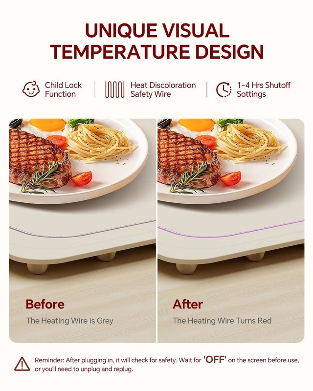 Alt view image 3 of 7 - Food Warming Mat,7 Temp,4H Timer,Thermochromic Line,Kids Lock,White | 8s Quick Full Surface Heating&Auto Shutoff,Multi-use for Warming,Defrosting,Dough Fermentation,Buffets and Daily Dining