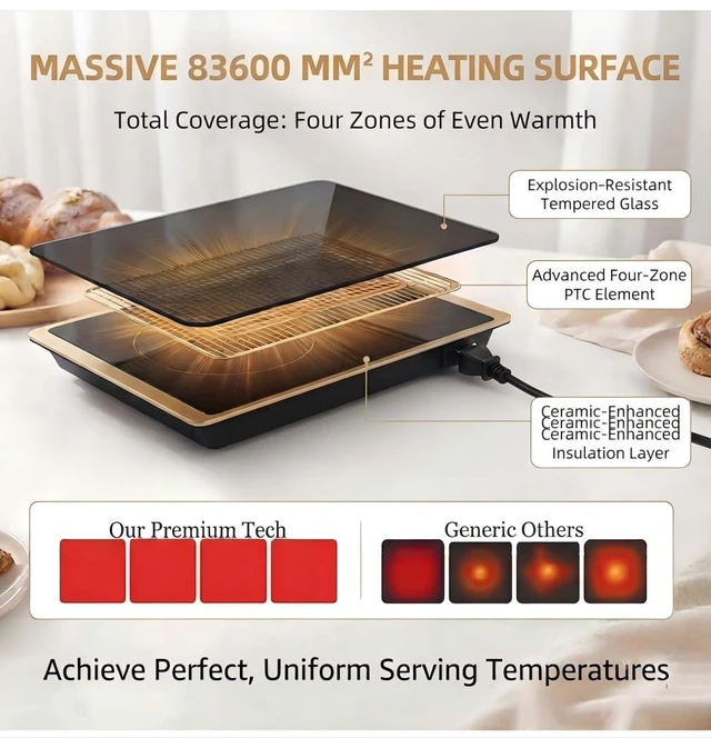 Alt view image 2 of 7 - Modular Food Warming Tray, 19"x11" Electric Buffet Warmer with 9 Temperature Settings & 24H Timer, Heat-Resistant Glass Top, Stackable Food Warming Mat for Family Dinners & Buffets