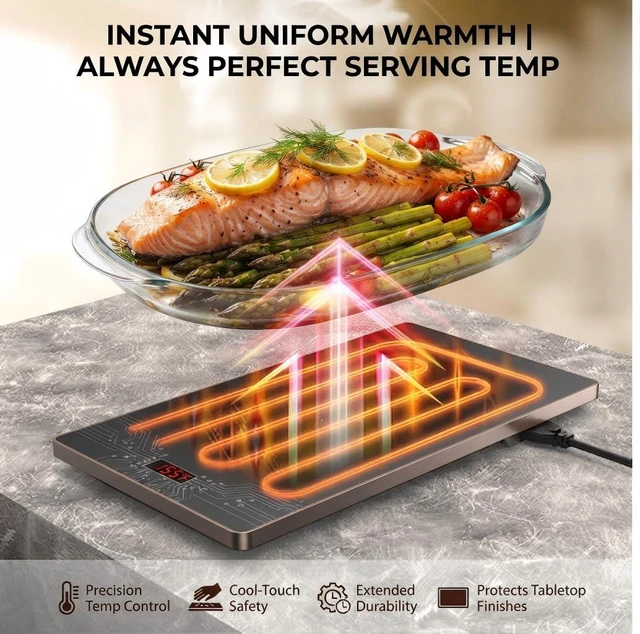 Alt view image 5 of 7 - Modular Food Warming Tray, 19"x11" Electric Buffet Warmer with 9 Temperature Settings & 24H Timer, Heat-Resistant Glass Top, Stackable Food Warming Mat for Family Dinners & Buffets