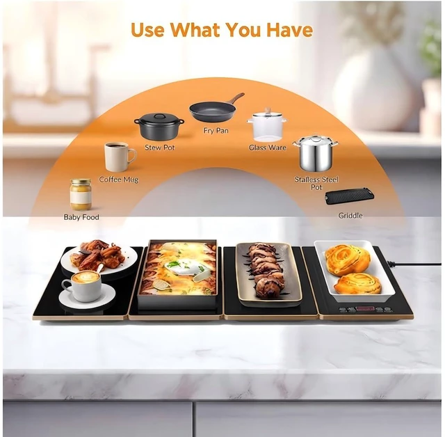 Alt view image 7 of 7 - Modular Food Warming Tray, 19"x11" Electric Buffet Warmer with 9 Temperature Settings & 24H Timer, Heat-Resistant Glass Top, Stackable Food Warming Mat for Family Dinners & Buffets