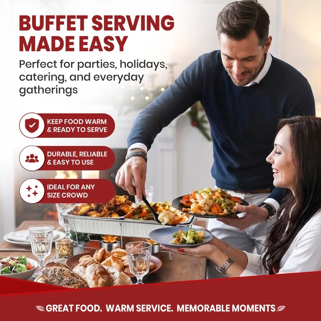 Alt view image 2 of 7 - Disposable Chafing Dish Buffet Set, 33 Piece of Chafing Servers with Food Warmers, Covers, Full-Size Food Pans, Water Trays, Serving Utensils, Foil Lids and 4Hr Fuel Cans for Parties, Catering