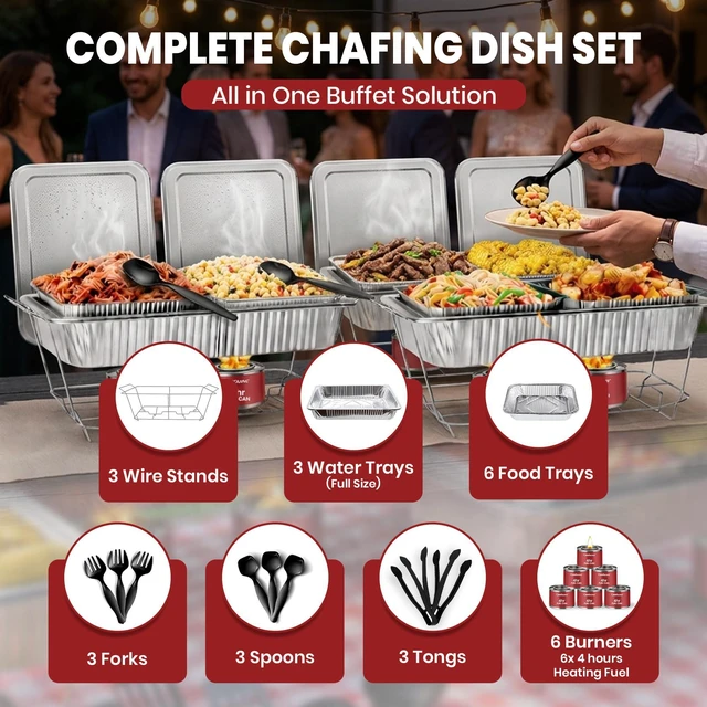Alt view image 3 of 7 - Disposable Chafing Dish Buffet Set, 33 Piece of Chafing Servers with Food Warmers, Covers, Full-Size Food Pans, Water Trays, Serving Utensils, Foil Lids and 4Hr Fuel Cans for Parties, Catering