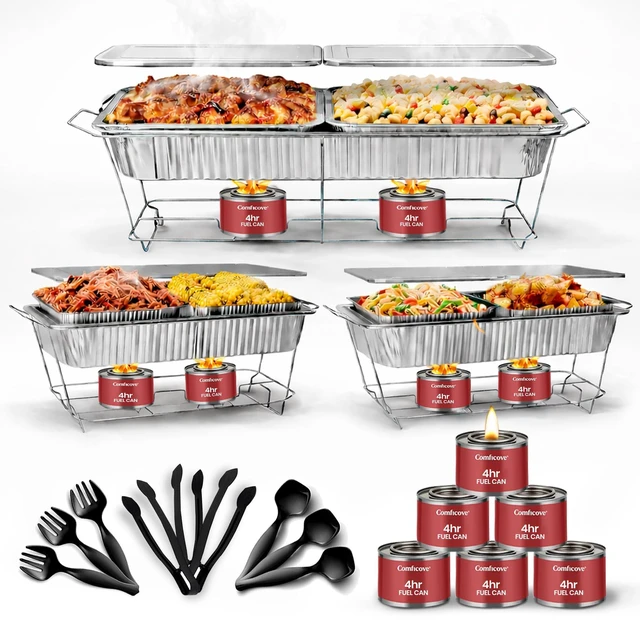 Main image of Disposable Chafing Dish Buffet Set, 33 Piece of Chafing Servers with Food Warmers, Covers, Full-Size Food Pans, Water Trays, Serving Utensils, Foil Lids and 4Hr Fuel Cans for Parties, Catering