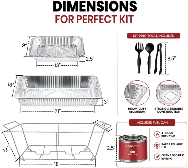 Alt view image 4 of 7 - Disposable Chafing Dish Buffet Set, 33 Piece of Chafing Servers with Food Warmers, Covers, Full-Size Food Pans, Water Trays, Serving Utensils, Foil Lids and 4Hr Fuel Cans for Parties, Catering