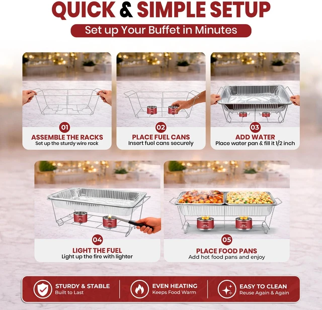 Alt view image 5 of 7 - Disposable Chafing Dish Buffet Set, 33 Piece of Chafing Servers with Food Warmers, Covers, Full-Size Food Pans, Water Trays, Serving Utensils, Foil Lids and 4Hr Fuel Cans for Parties, Catering