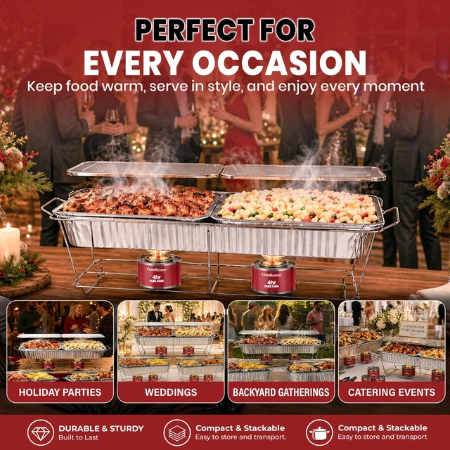Alt view image 7 of 7 - Disposable Chafing Dish Buffet Set, 33 Piece of Chafing Servers with Food Warmers, Covers, Full-Size Food Pans, Water Trays, Serving Utensils, Foil Lids and 4Hr Fuel Cans for Parties, Catering