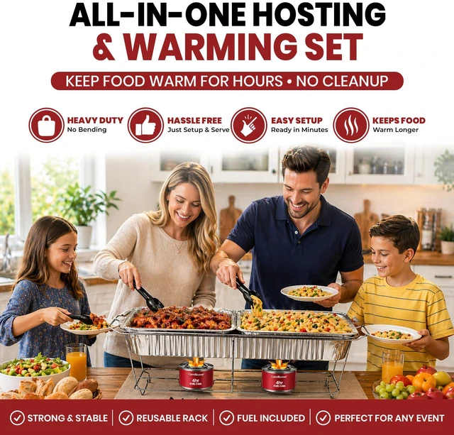 Alt view image 6 of 7 - Disposable Chafing Dish Buffet Set, 33 Piece of Chafing Servers with Food Warmers, Covers, Full-Size Food Pans, Water Trays, Serving Utensils, Foil Lids and 4Hr Fuel Cans for Parties, Catering