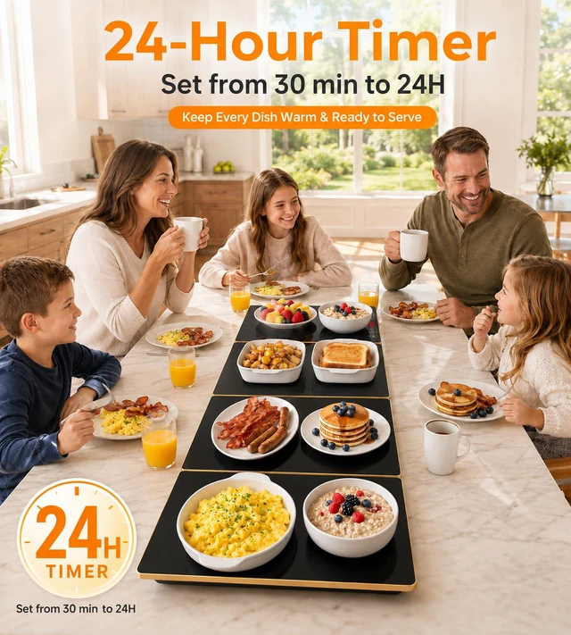 Alt view image 3 of 7 - Electric Warming Tray XXL 35"x16" with Storage Bag, AdjustableSize Food Warming Mat, 4in1 Expandable Modular, Food Warmer for Parties, Buffet, Catering & Gatherings, 8Level Temp & Timer, Gold Edge