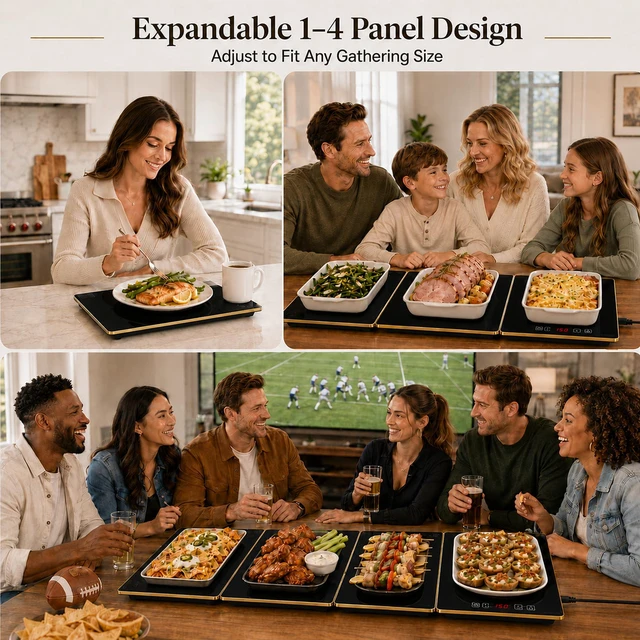 Alt view image 4 of 7 - Electric Warming Tray XXL 35"x16" with Storage Bag, AdjustableSize Food Warming Mat, 4in1 Expandable Modular, Food Warmer for Parties, Buffet, Catering & Gatherings, 8Level Temp & Timer, Gold Edge