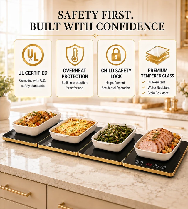 Alt view image 5 of 7 - Electric Warming Tray XXL 35"x16" with Storage Bag, AdjustableSize Food Warming Mat, 4in1 Expandable Modular, Food Warmer for Parties, Buffet, Catering & Gatherings, 8Level Temp & Timer, Gold Edge