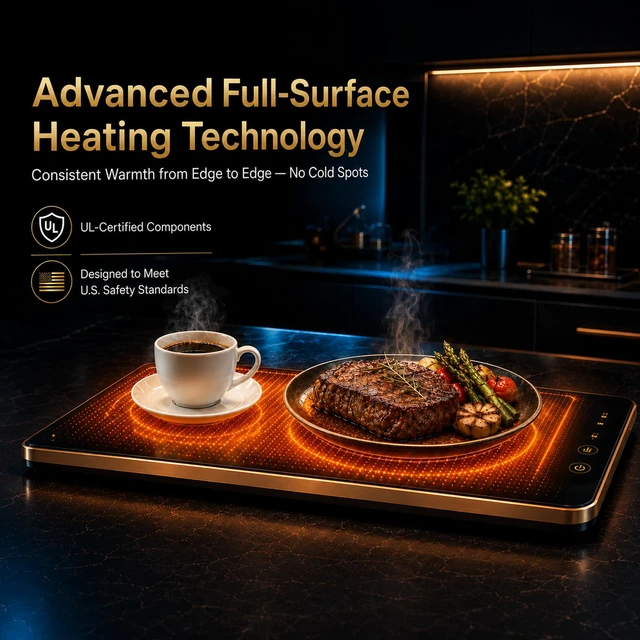 Alt view image 6 of 7 - Electric Warming Tray XXL 35"x16" with Storage Bag, AdjustableSize Food Warming Mat, 4in1 Expandable Modular, Food Warmer for Parties, Buffet, Catering & Gatherings, 8Level Temp & Timer, Gold Edge