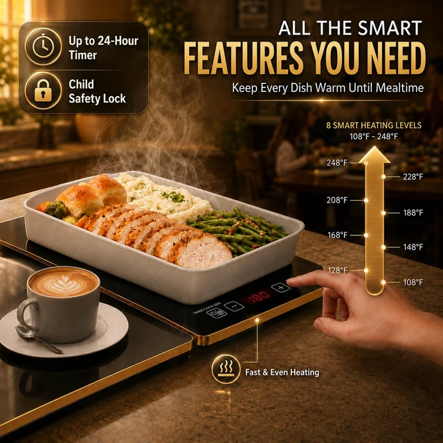Alt view image 7 of 7 - Electric Warming Tray XXL 35"x16" with Storage Bag, AdjustableSize Food Warming Mat, 4in1 Expandable Modular, Food Warmer for Parties, Buffet, Catering & Gatherings, 8Level Temp & Timer, Gold Edge