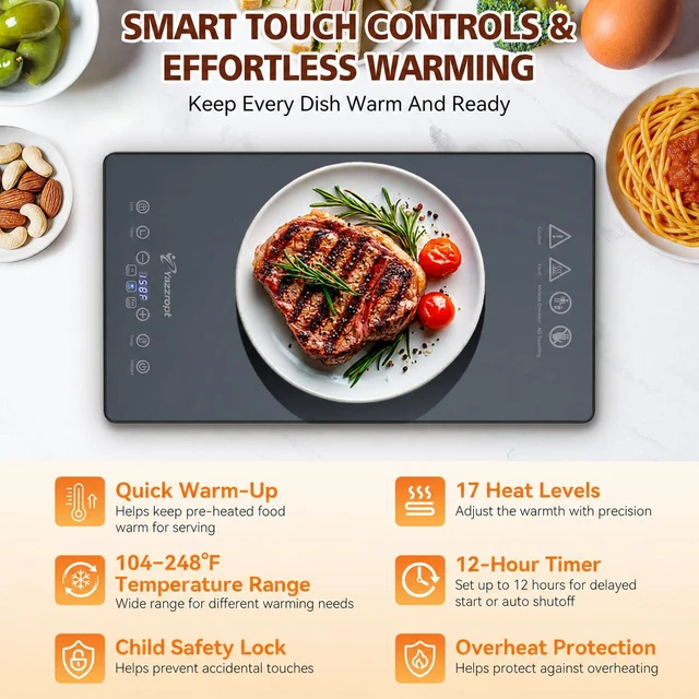 Alt view image 2 of 7 - 33" x 15" Food Warmers for Parties Buffet, 4-in-1 Electric Warming Trays for Buffets Party, Glass Food Warming Mat with 17 Heat Levels & 12H Timer for Family Dinners Catering Gatherings