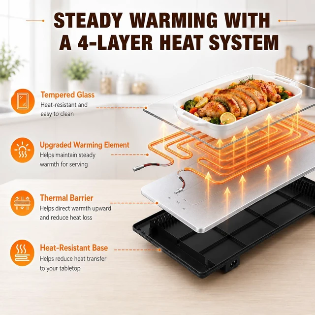 Alt view image 4 of 7 - 33" x 15" Food Warmers for Parties Buffet, 4-in-1 Electric Warming Trays for Buffets Party, Glass Food Warming Mat with 17 Heat Levels & 12H Timer for Family Dinners Catering Gatherings