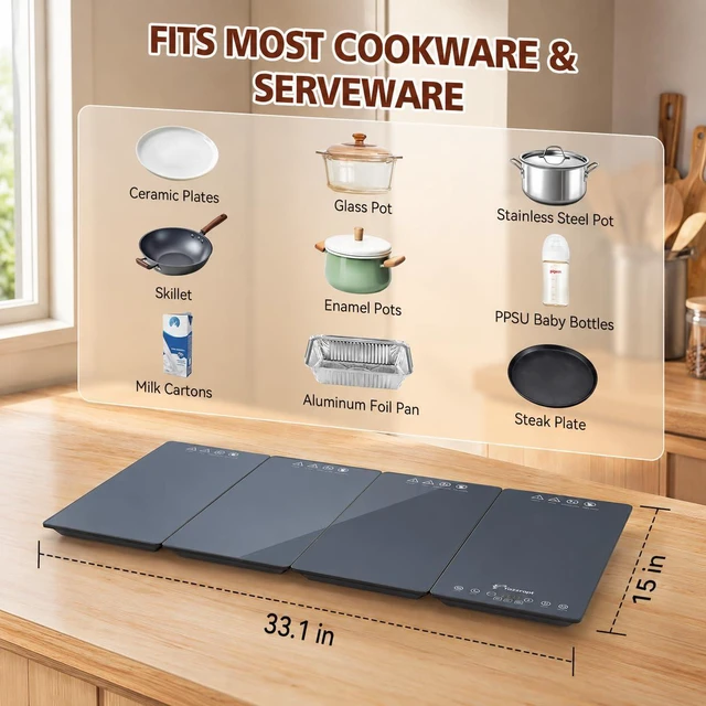 Alt view image 6 of 7 - 33" x 15" Food Warmers for Parties Buffet, 4-in-1 Electric Warming Trays for Buffets Party, Glass Food Warming Mat with 17 Heat Levels & 12H Timer for Family Dinners Catering Gatherings