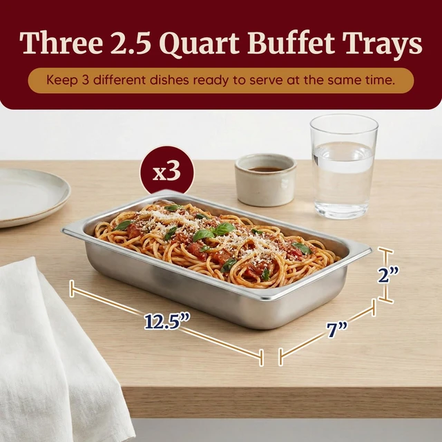 Alt view image 3 of 7 - EWM-6171 Triple Buffet Server, 7.5 Qt, Stainless Steel | Adjustable Temperature Control, Clear Slotted Lids - Great for Parties, Entertaining, Holidays & Catering - 3 x 2.5 Qt Trays