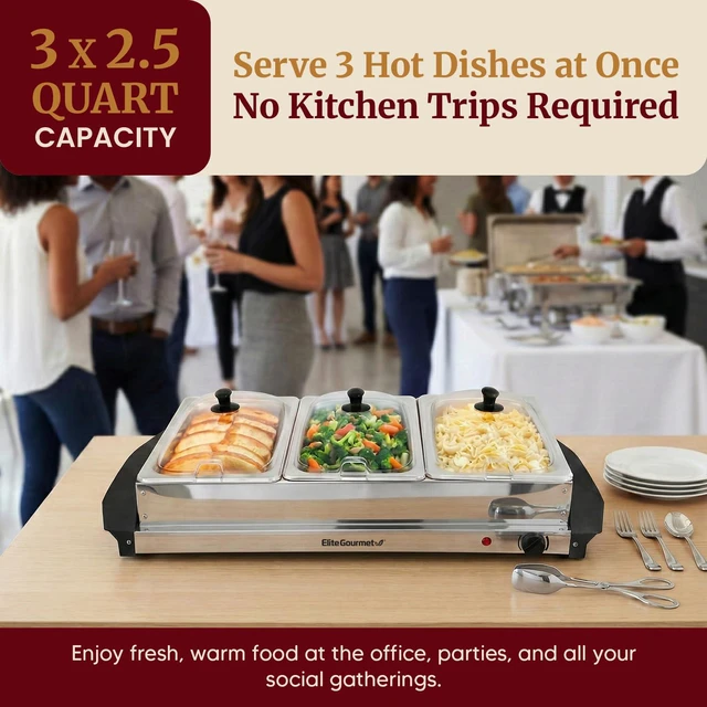 Alt view image 2 of 7 - EWM-6171 Triple Buffet Server, 7.5 Qt, Stainless Steel | Adjustable Temperature Control, Clear Slotted Lids - Great for Parties, Entertaining, Holidays & Catering - 3 x 2.5 Qt Trays