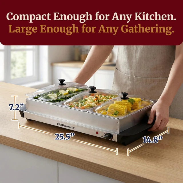 Alt view image 5 of 7 - EWM-6171 Triple Buffet Server, 7.5 Qt, Stainless Steel | Adjustable Temperature Control, Clear Slotted Lids - Great for Parties, Entertaining, Holidays & Catering - 3 x 2.5 Qt Trays