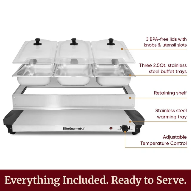 Alt view image 6 of 7 - EWM-6171 Triple Buffet Server, 7.5 Qt, Stainless Steel | Adjustable Temperature Control, Clear Slotted Lids - Great for Parties, Entertaining, Holidays & Catering - 3 x 2.5 Qt Trays
