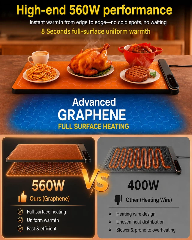 Alt view image 4 of 7 - Extra Large (43"x16") Food Warming Mat with Insulation Pad for Countertop, Chafing Dishes for Buffet, Food Warmers for Parties, Hot Pads for Kitchen, Heating Pad, 560W Custom Warm Setting, Warm White