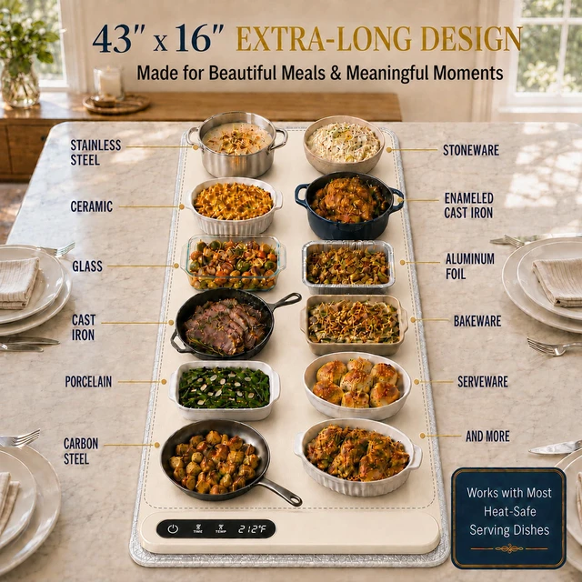 Alt view image 3 of 7 - Extra Large (43"x16") Food Warming Mat with Insulation Pad for Countertop, Chafing Dishes for Buffet, Food Warmers for Parties, Hot Pads for Kitchen, Heating Pad, 560W Custom Warm Setting, Warm White