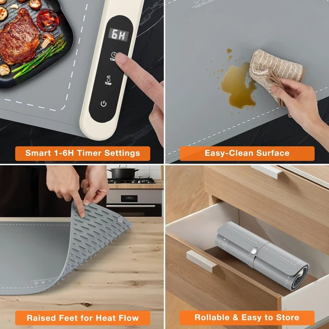 Alt view image 4 of 7 - Warming Mat for Food 24"x15", Rapid and Full Surface Heating Gray | 6 Temp Settings, 6H Timer, Rollable Portable Silicone Electric Food Heating Mat for Countertop Party Buffet, Keep Meal Warm