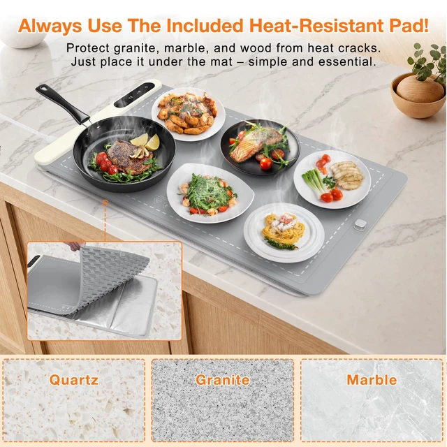 Alt view image 6 of 7 - Warming Mat for Food 24"x15", Rapid and Full Surface Heating Gray | 6 Temp Settings, 6H Timer, Rollable Portable Silicone Electric Food Heating Mat for Countertop Party Buffet, Keep Meal Warm