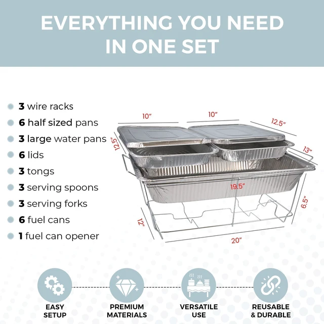 Alt view image 3 of 7 - Large Full Size 33-Pcs Disposable Chaffing Buffet with-Covers, Utensils, Fuel Cans Premium Chafing Dish Set for Events, Parties, Catering