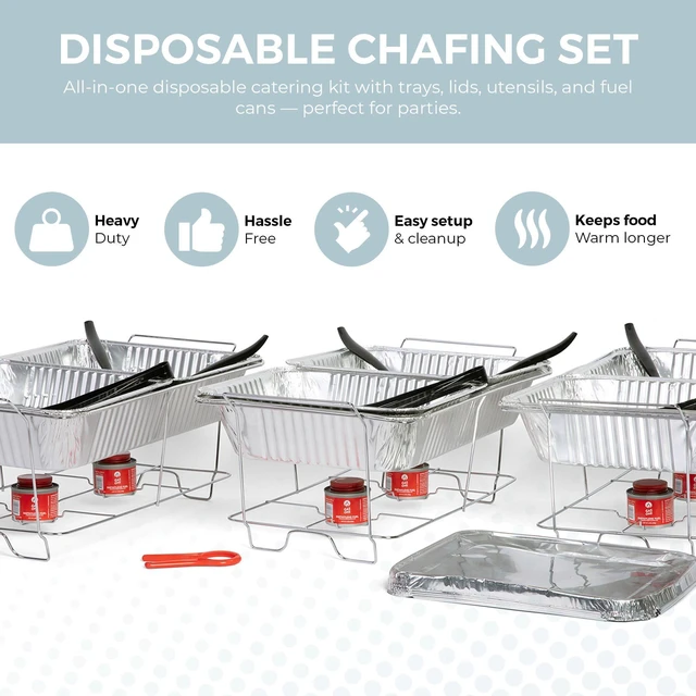 Alt view image 2 of 7 - Large Full Size 33-Pcs Disposable Chaffing Buffet with-Covers, Utensils, Fuel Cans Premium Chafing Dish Set for Events, Parties, Catering