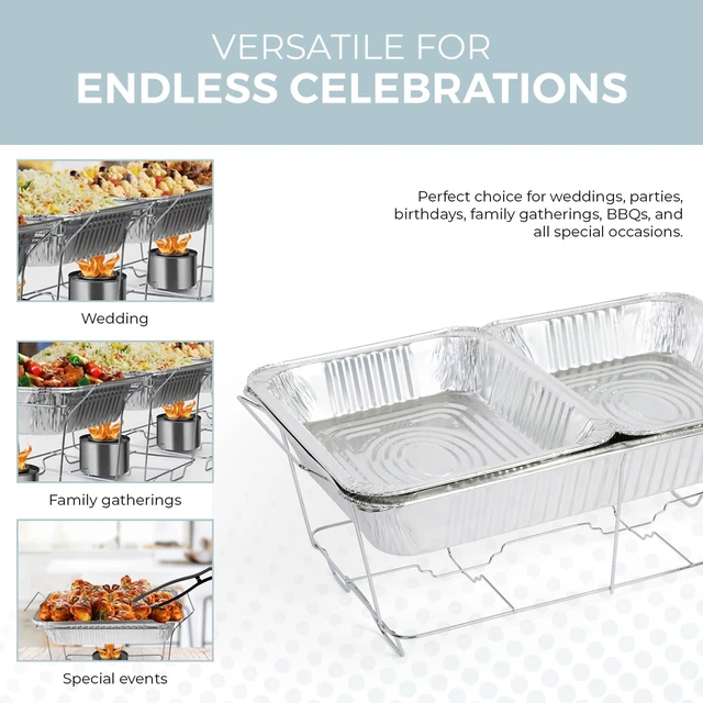 Alt view image 5 of 7 - Large Full Size 33-Pcs Disposable Chaffing Buffet with-Covers, Utensils, Fuel Cans Premium Chafing Dish Set for Events, Parties, Catering
