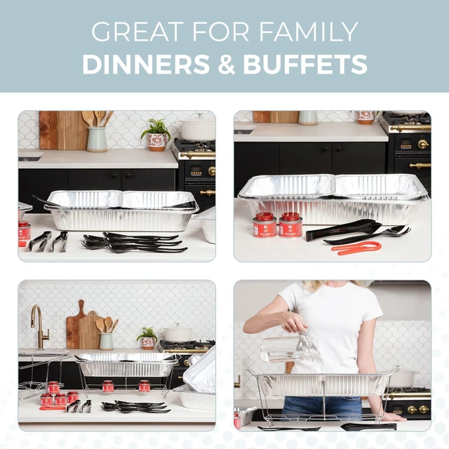 Alt view image 6 of 7 - Large Full Size 33-Pcs Disposable Chaffing Buffet with-Covers, Utensils, Fuel Cans Premium Chafing Dish Set for Events, Parties, Catering