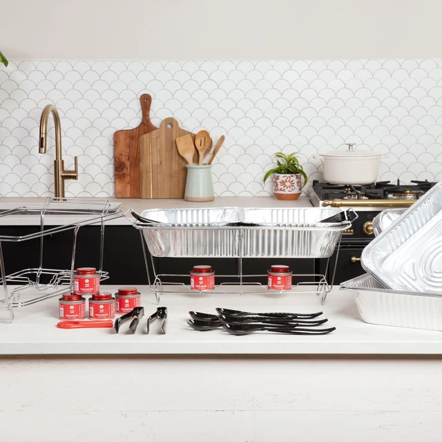 Alt view image 7 of 7 - Large Full Size 33-Pcs Disposable Chaffing Buffet with-Covers, Utensils, Fuel Cans Premium Chafing Dish Set for Events, Parties, Catering