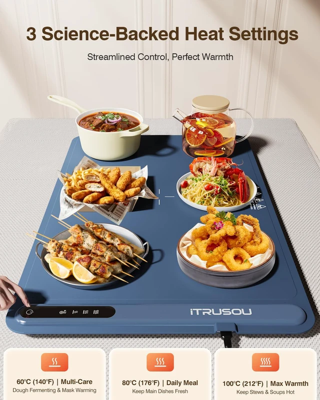 Alt view image 2 of 6 - Warming Mat for Food (24"x16") 3-Year Classic Electric Warming Tray with 3-Level Temp Control, Rapid Heating 250W Energy-Saving - Rollable Large Food Warming Mat for Parties & Buffet