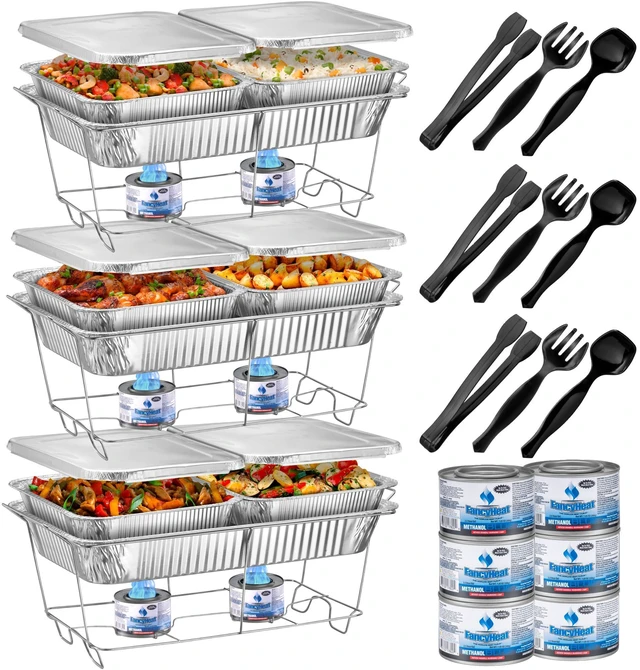 Main image of Disposable Chafing Dish Buffet Set, Food Warmers for Parties, Complete 33 Pcs of Chafing Servers with Covers, Catering Supplies with Full-Size Pans (9x13), Warming Trays for Food with Utensils & Lids