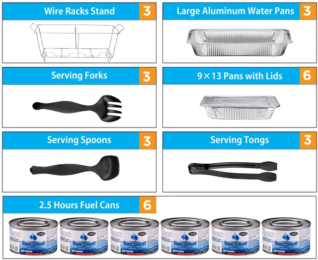 Alt view image 2 of 7 - Disposable Chafing Dish Buffet Set, Food Warmers for Parties, Complete 33 Pcs of Chafing Servers with Covers, Catering Supplies with Full-Size Pans (9x13), Warming Trays for Food with Utensils & Lids