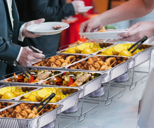 Alt view image 7 of 7 - Disposable Chafing Dish Buffet Set, Food Warmers for Parties, Complete 33 Pcs of Chafing Servers with Covers, Catering Supplies with Full-Size Pans (9x13), Warming Trays for Food with Utensils & Lids