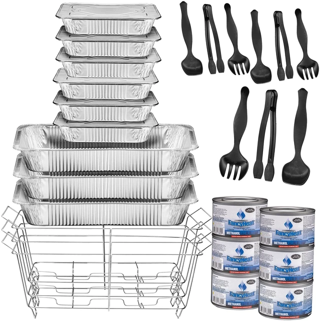 Alt view image 6 of 7 - Disposable Chafing Dish Buffet Set, Food Warmers for Parties, Complete 33 Pcs of Chafing Servers with Covers, Catering Supplies with Full-Size Pans (9x13), Warming Trays for Food with Utensils & Lids